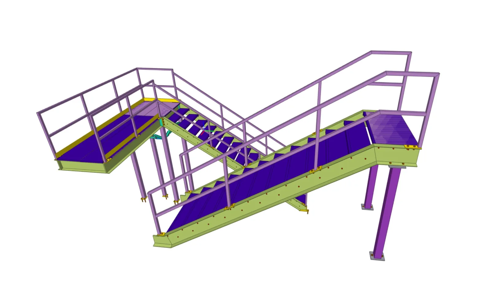 Tekla 3D structural model of a switchback warehouse access stair with intermediate landing, stringers, posts, and guard layout, the kind of shop drawing that goes through engineer review before fabrication