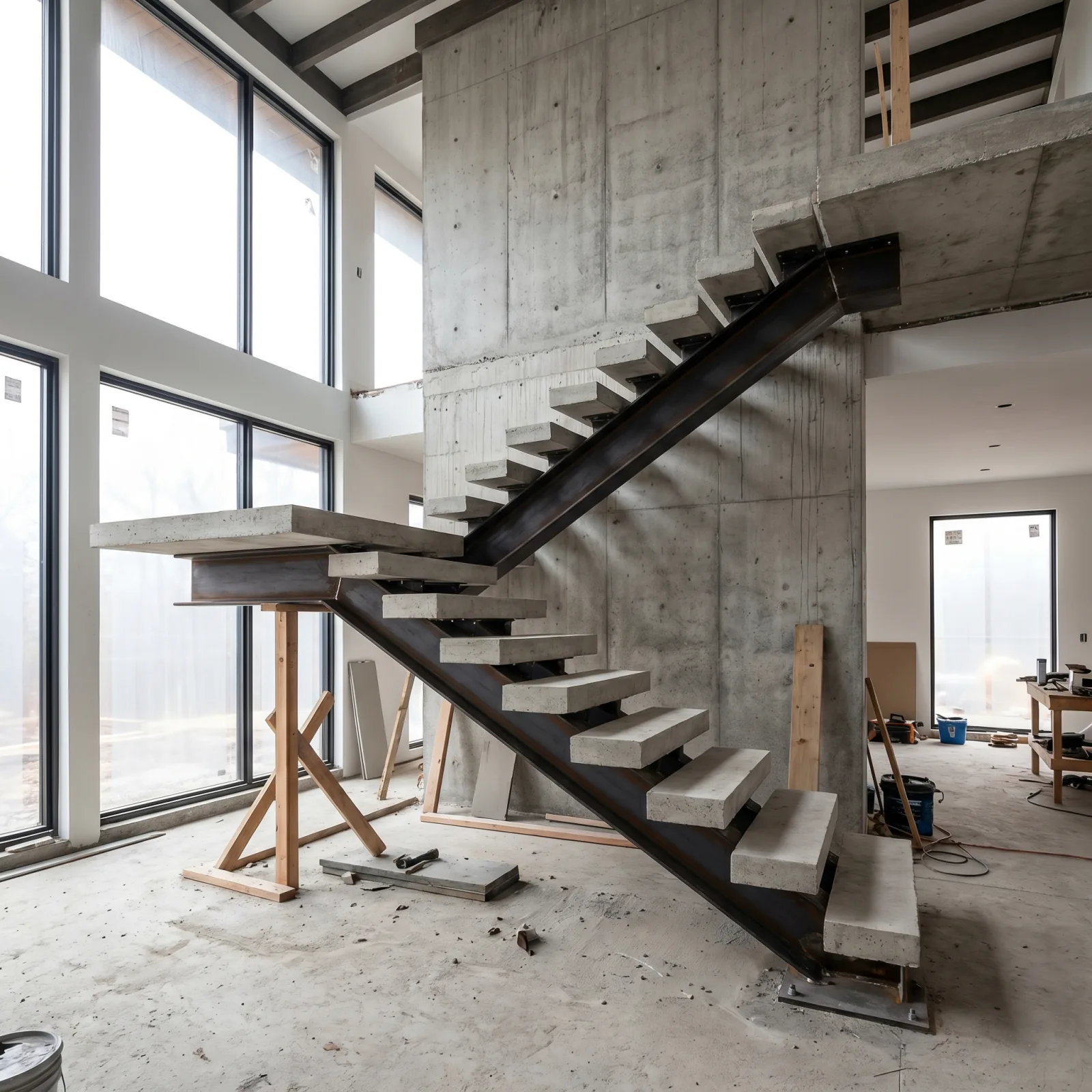 Residential metal staircase with open risers and clean black steel details