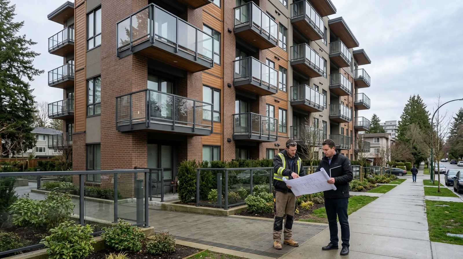 Property manager and fabricator reviewing railing replacement drawings outside a multi-family building in Metro Vancouver